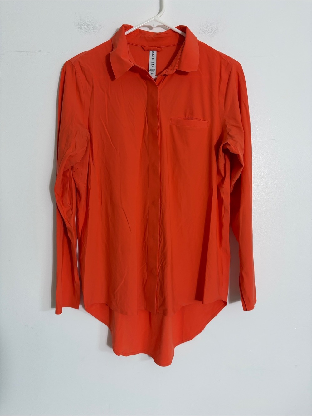 Athleta Button-Front Long Sleeve Blouse in Bright Orange XS